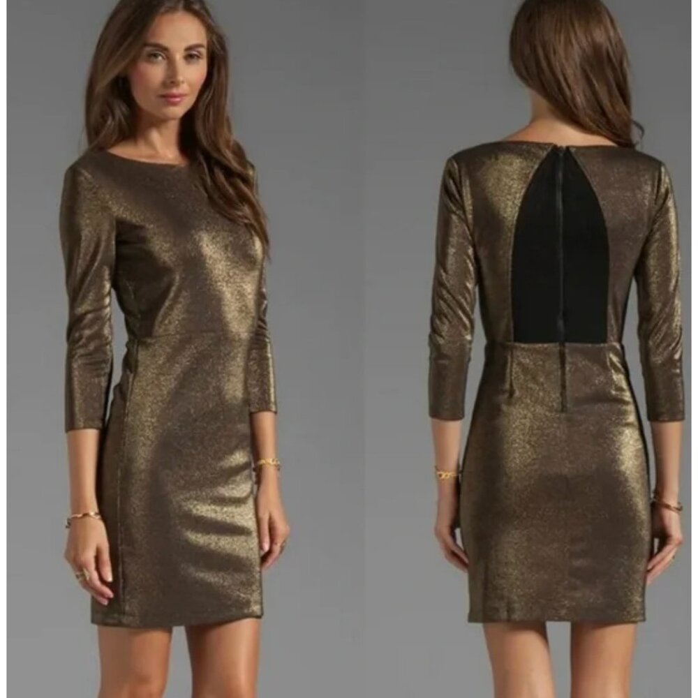 ALICE + OLIVIA Bronze Stretch Cocktail Dress Embellished Back Lace Zip Sz XS